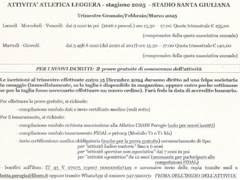 ATTIVITA' ATLETICA LEGGERA STAGIONE 2025